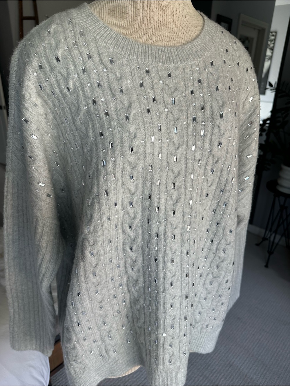 Nordstrom NWT Sparkle Cable Knit Sweater, Light Gray, size XL - Picture 3 of 11